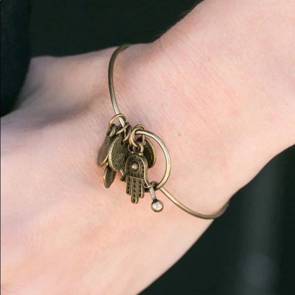 Brass Bangle Charm Bracelet with Hamsa, Feather, and Hammered Disc Charms NWT
